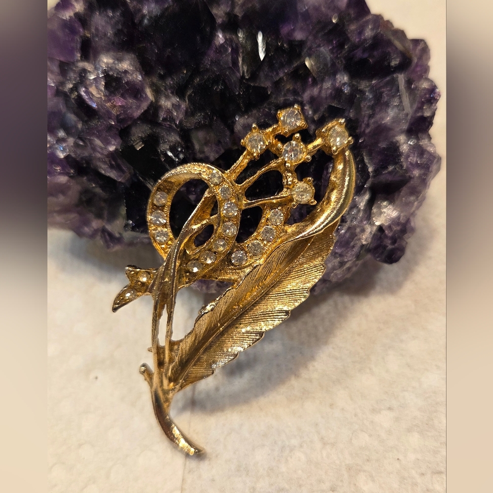 Floral Spray and Leaf Brooch with Crystal Accents